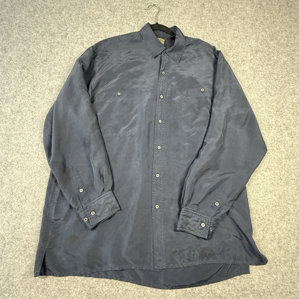 Vintage Robert Stock Mens Blue 100% Silk Shirt Long Sleeve 2 Pocket 90s